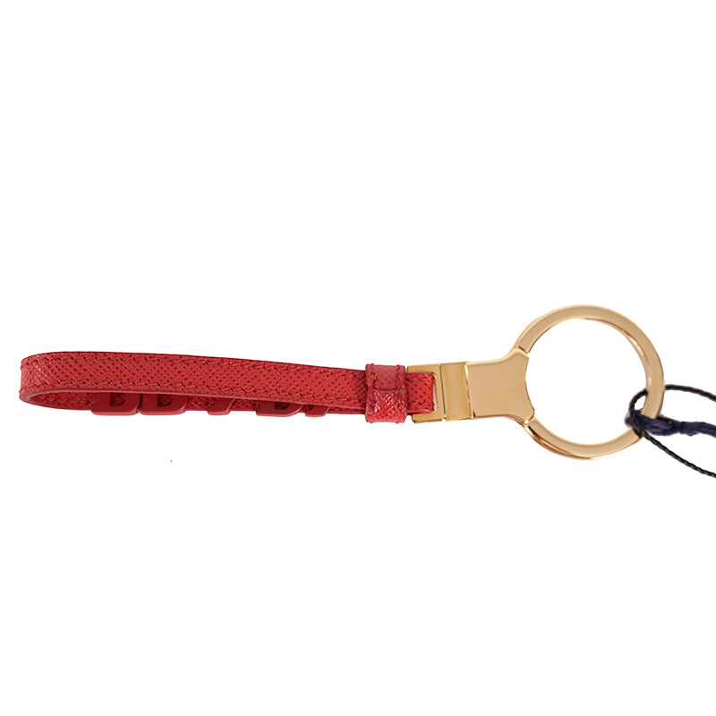 NEW $495 PRADA Fuoco Red SAFFIANO LEATHER Metal Logo Goldtone Bag Trick KEYCHAIN
