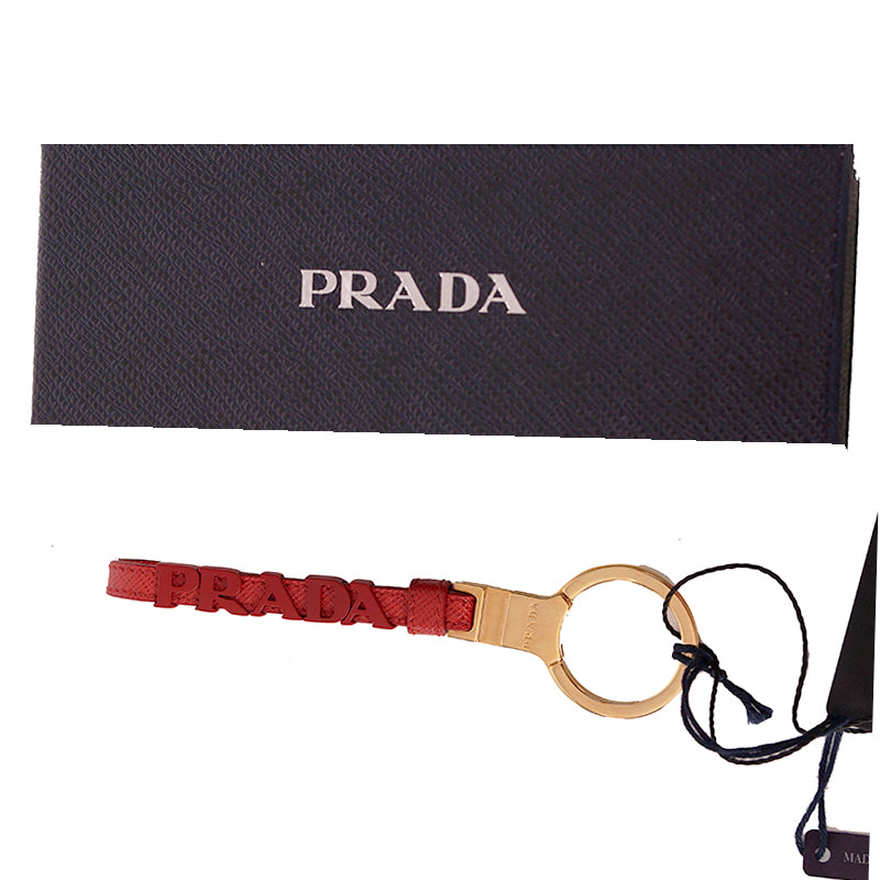 NEW $495 PRADA Fuoco Red SAFFIANO LEATHER Metal Logo Goldtone Bag Trick KEYCHAIN