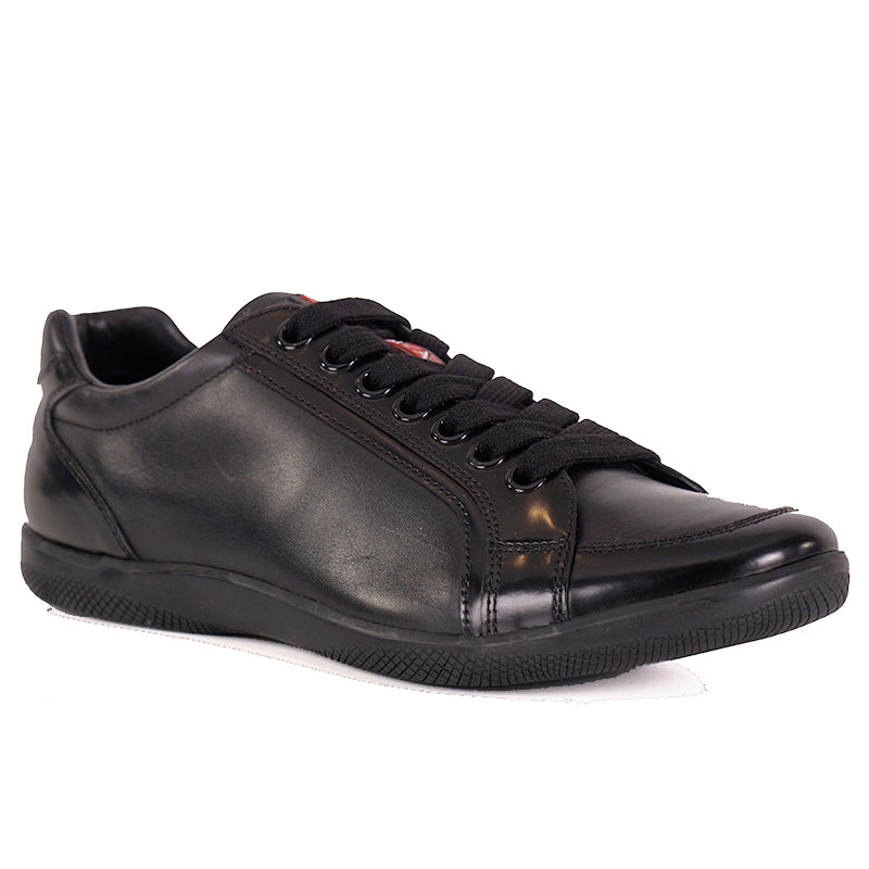 US 8/8.5 NEW PRADA Mens LINEA ROSSA Black All Leather RED LOGO Line-A SNEAKERS