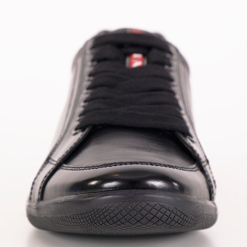 US 8/8.5 NEW PRADA Mens LINEA ROSSA Black All Leather RED LOGO Line-A SNEAKERS