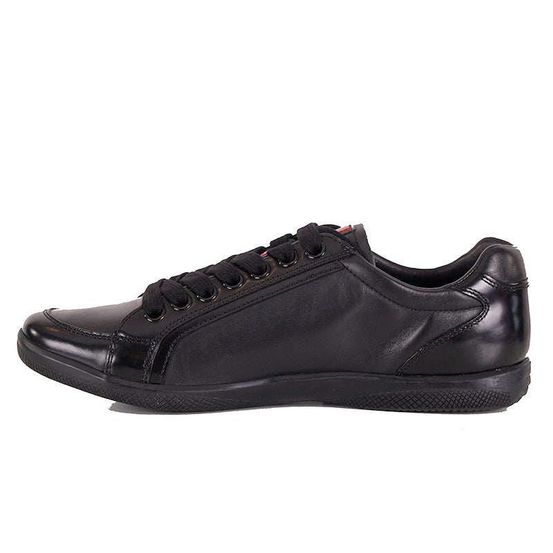 US 8/8.5 NEW PRADA Mens LINEA ROSSA Black All Leather RED LOGO Line-A SNEAKERS
