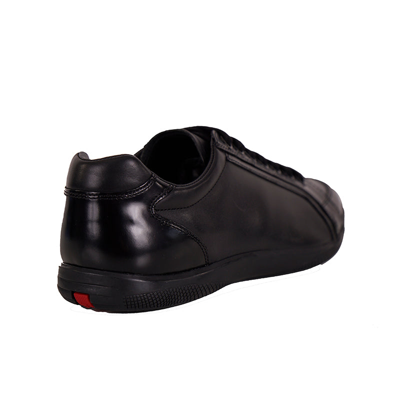 US 8/8.5 NEW PRADA Mens LINEA ROSSA Black All Leather RED LOGO Line-A SNEAKERS
