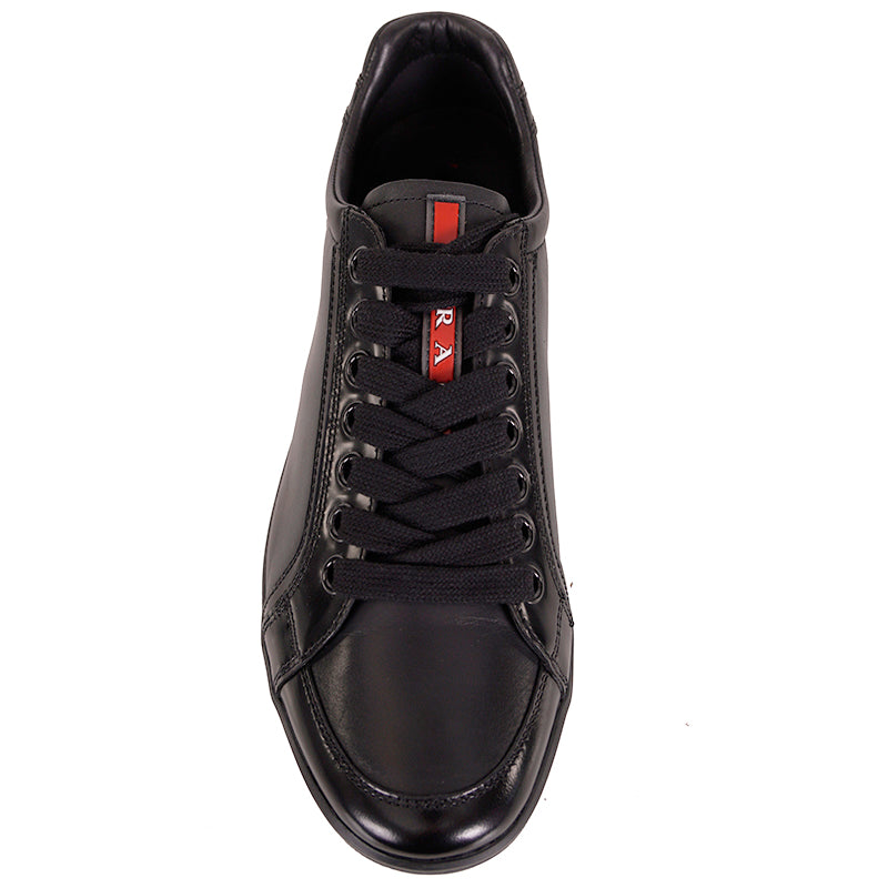 US 8/8.5 NEW PRADA Mens LINEA ROSSA Black All Leather RED LOGO Line-A SNEAKERS