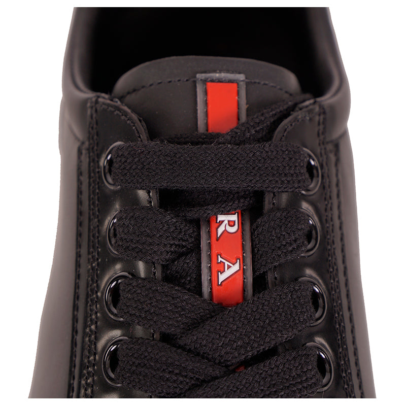 US 8/8.5 NEW PRADA Mens LINEA ROSSA Black All Leather RED LOGO Line-A SNEAKERS
