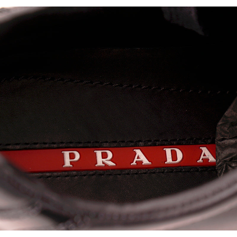 US 8/8.5 NEW PRADA Mens LINEA ROSSA Black All Leather RED LOGO Line-A SNEAKERS