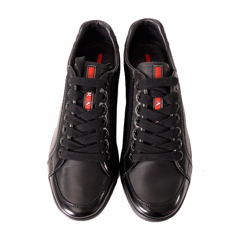 US 8/8.5 NEW PRADA Mens LINEA ROSSA Black All Leather RED LOGO Line-A SNEAKERS