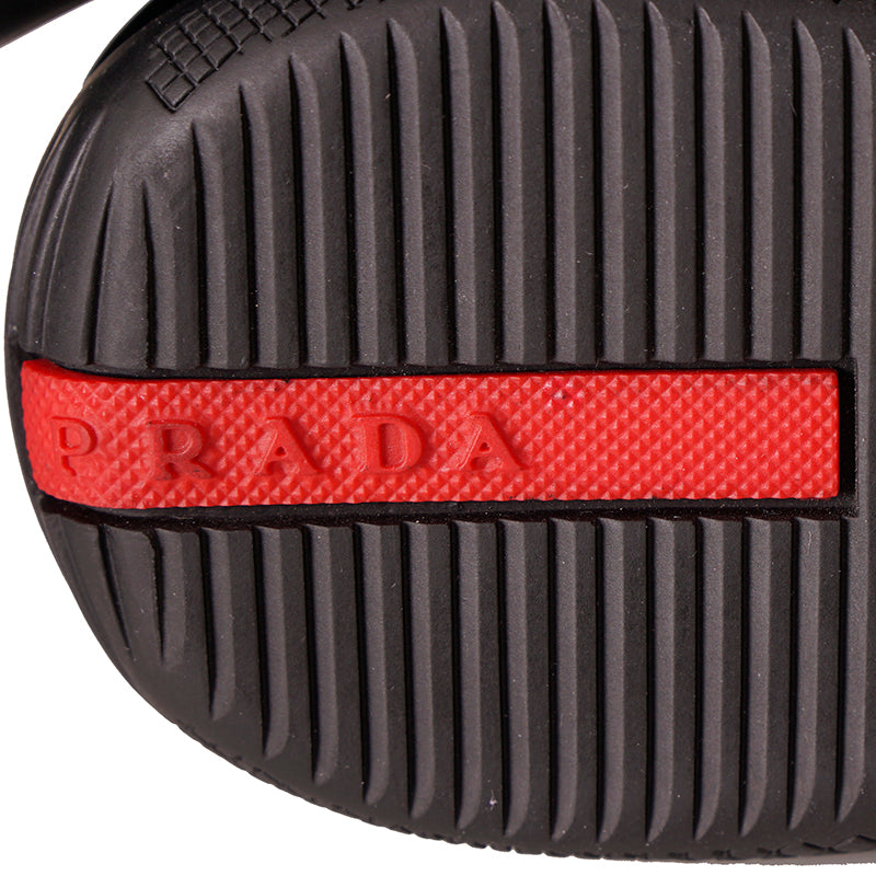 US 8/8.5 NEW PRADA Mens LINEA ROSSA Black All Leather RED LOGO Line-A SNEAKERS
