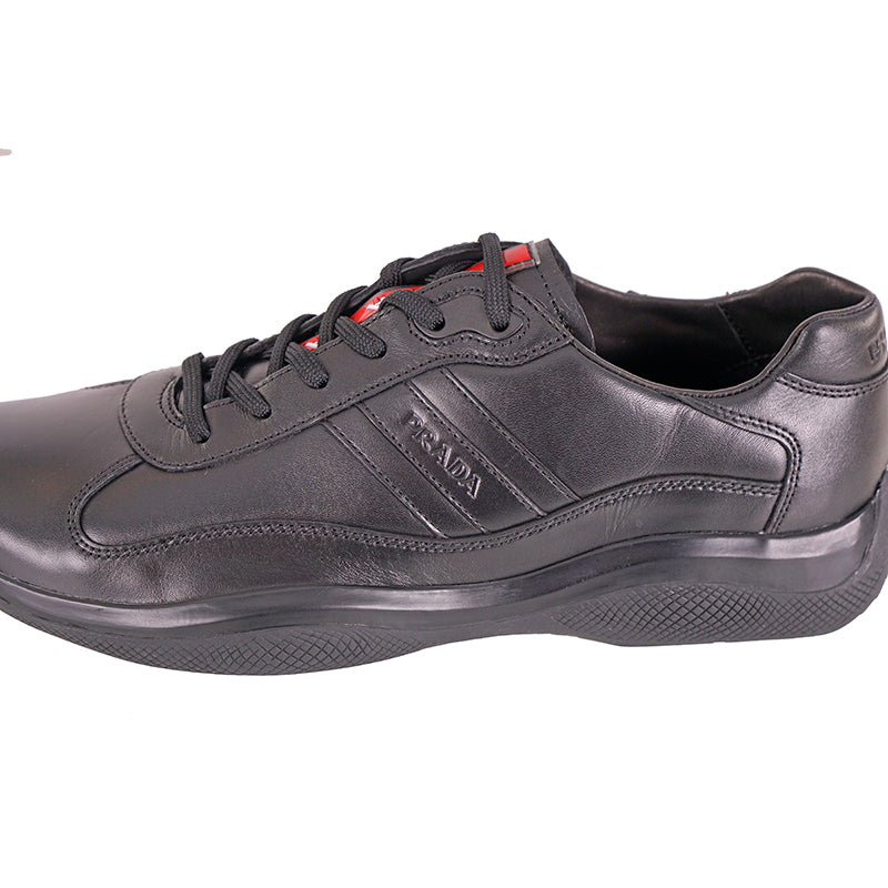 US 8/8.5 NEW PRADA Mens Black AMERICA'S CUP All Leather RED LOGO Line-A SNEAKERS