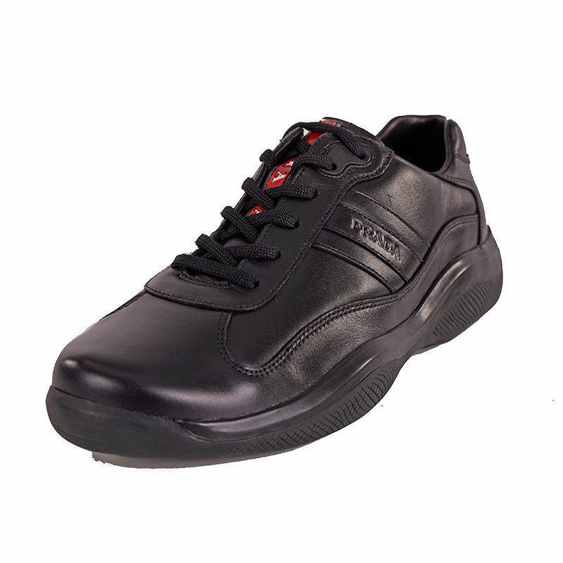 US 8/8.5 NEW PRADA Mens Black AMERICA'S CUP All Leather RED LOGO Line-A SNEAKERS