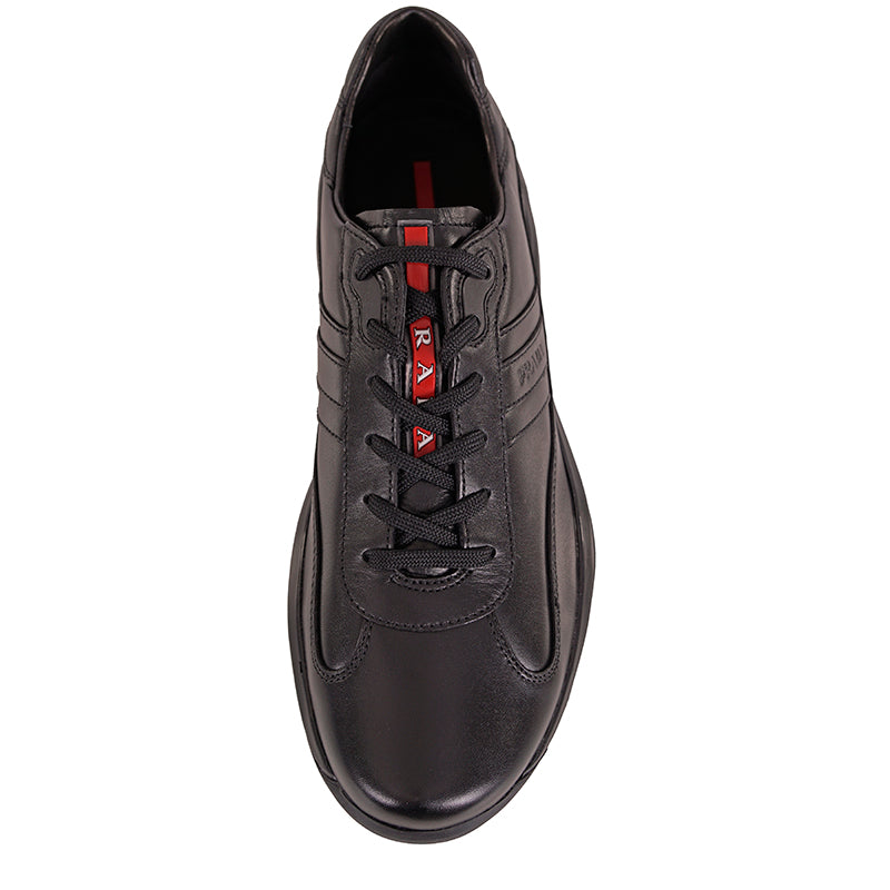 US 8/8.5 NEW PRADA Mens Black AMERICA'S CUP All Leather RED LOGO Line-A SNEAKERS
