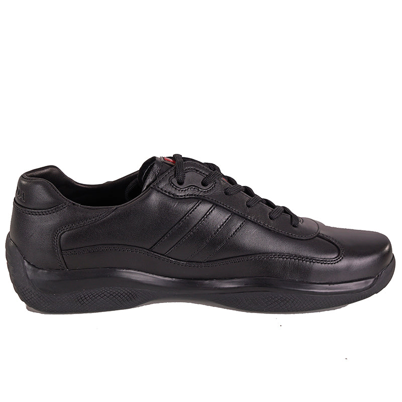 US 8/8.5 NEW PRADA Mens Black AMERICA'S CUP All Leather RED LOGO Line-A SNEAKERS
