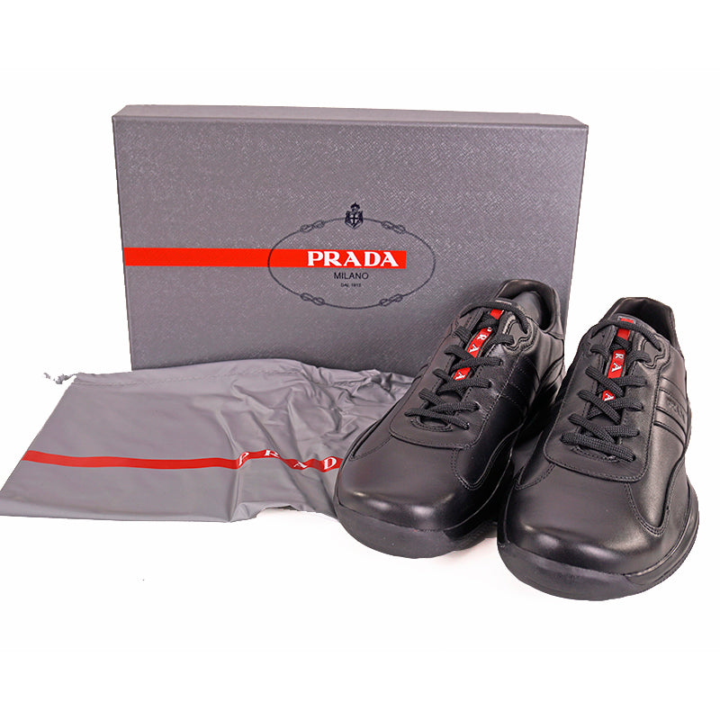 US 8/8.5 NEW PRADA Mens Black AMERICA'S CUP All Leather RED LOGO Line-A SNEAKERS