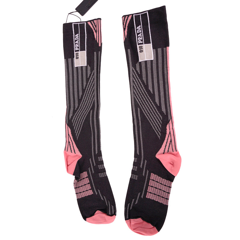 US S NEW $265 PRADA RUNWAY Black Pink TECHNO LOGO Geometric KNIT KNEE SOCKS