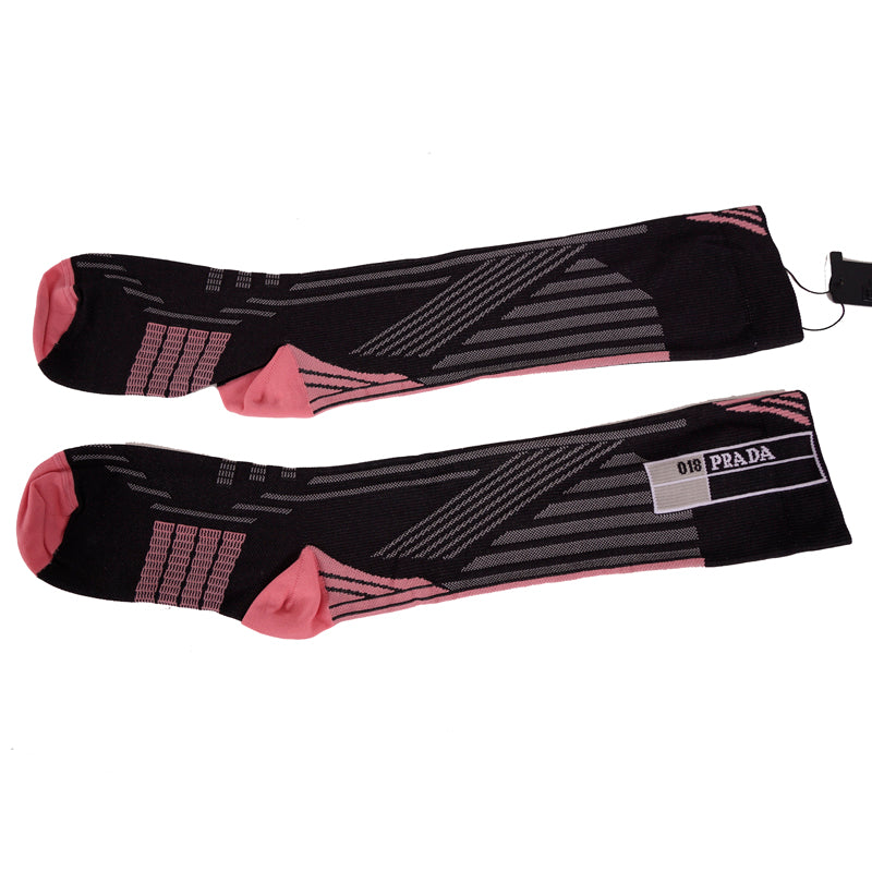US S NEW $265 PRADA RUNWAY Black Pink TECHNO LOGO Geometric KNIT KNEE SOCKS