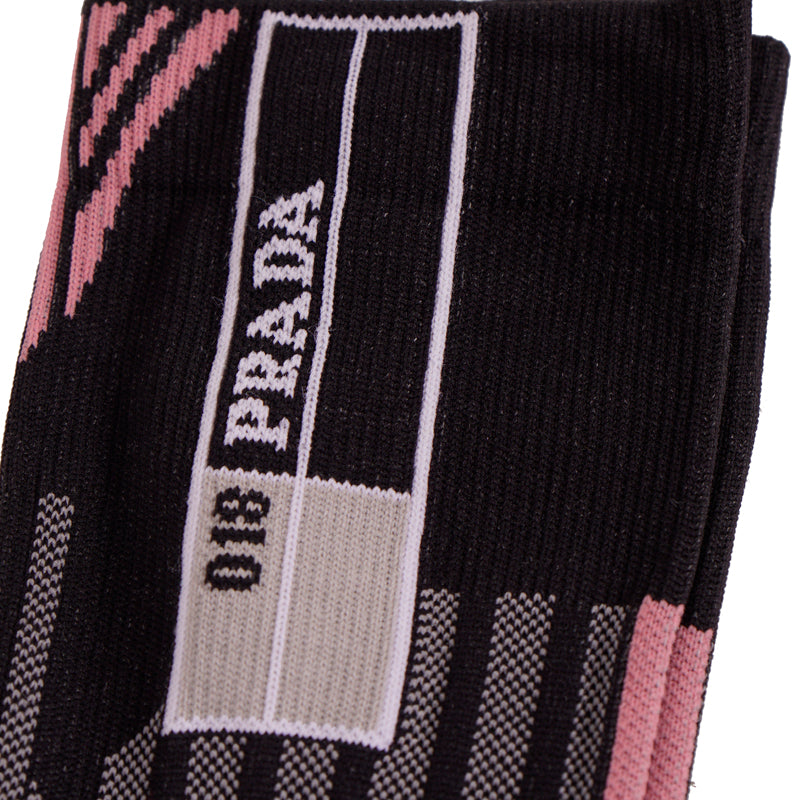 US S NEW $265 PRADA RUNWAY Black Pink TECHNO LOGO Geometric KNIT KNEE SOCKS