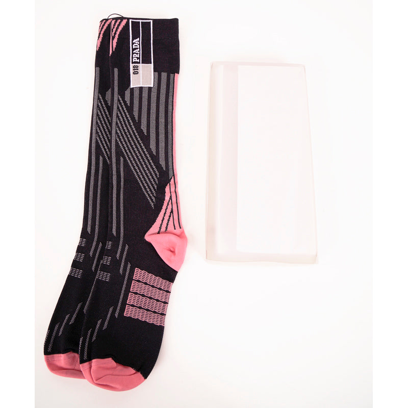US S NEW $265 PRADA RUNWAY Black Pink TECHNO LOGO Geometric KNIT KNEE SOCKS