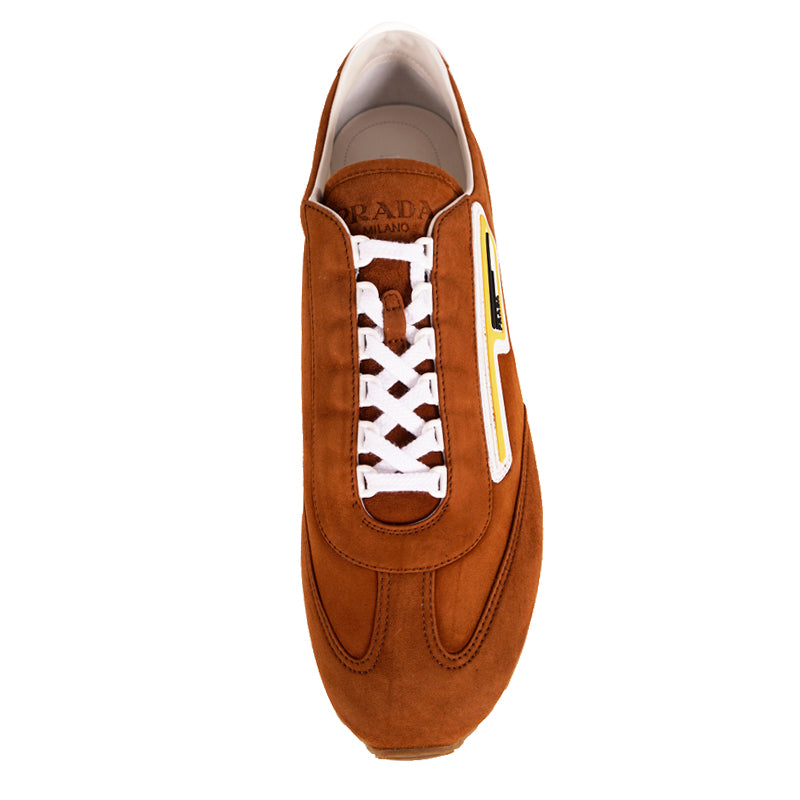 UK 9 US 10 NEW PRADA Brown Suede YELLOW LOGO Milano 70 'Retro' Low Top SNEAKERS