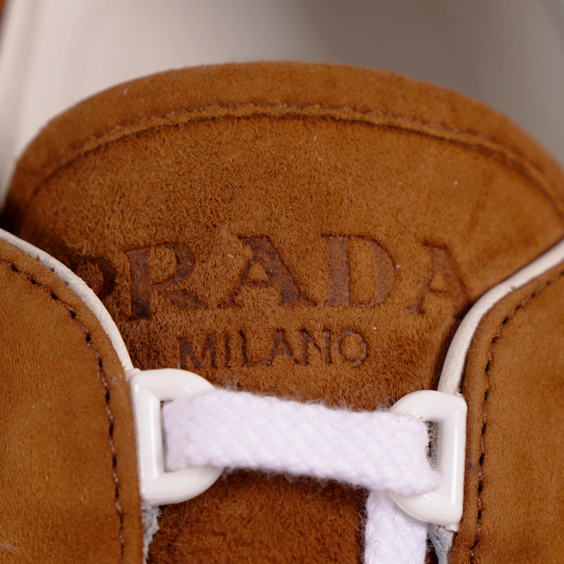 UK 9 US 10 NEW PRADA Brown Suede YELLOW LOGO Milano 70 'Retro' Low Top SNEAKERS