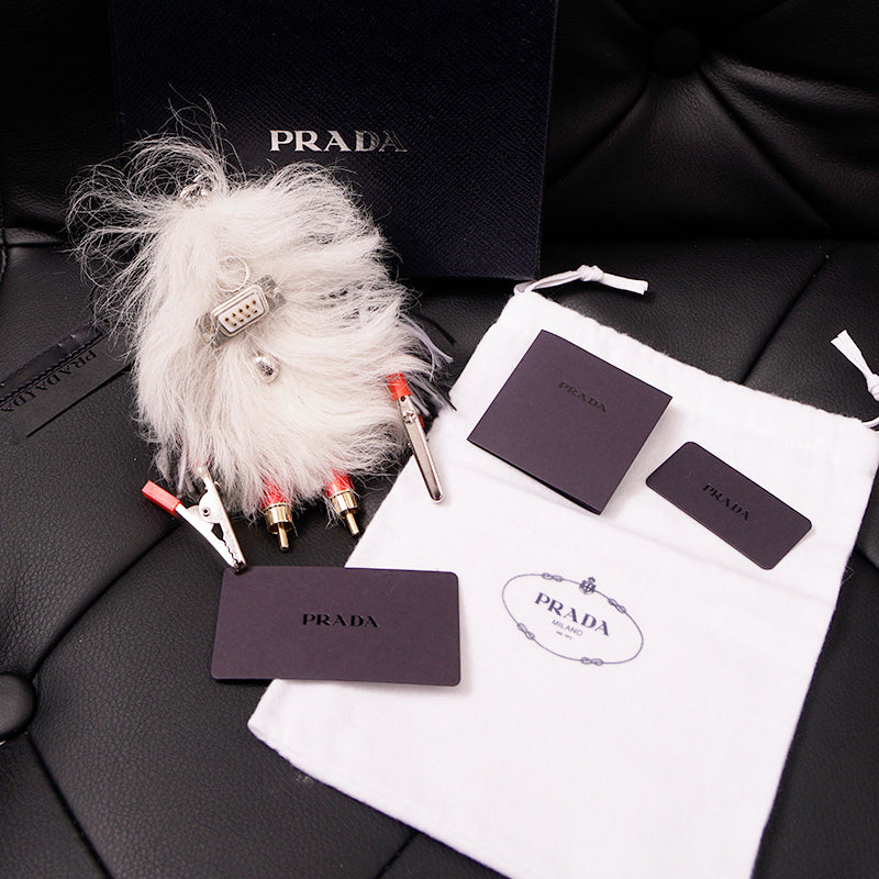 NEW $725 PRADA White Shearling RUFUS YETI MONSTER ROBOT Metal Keyring Trick BAG CHARM