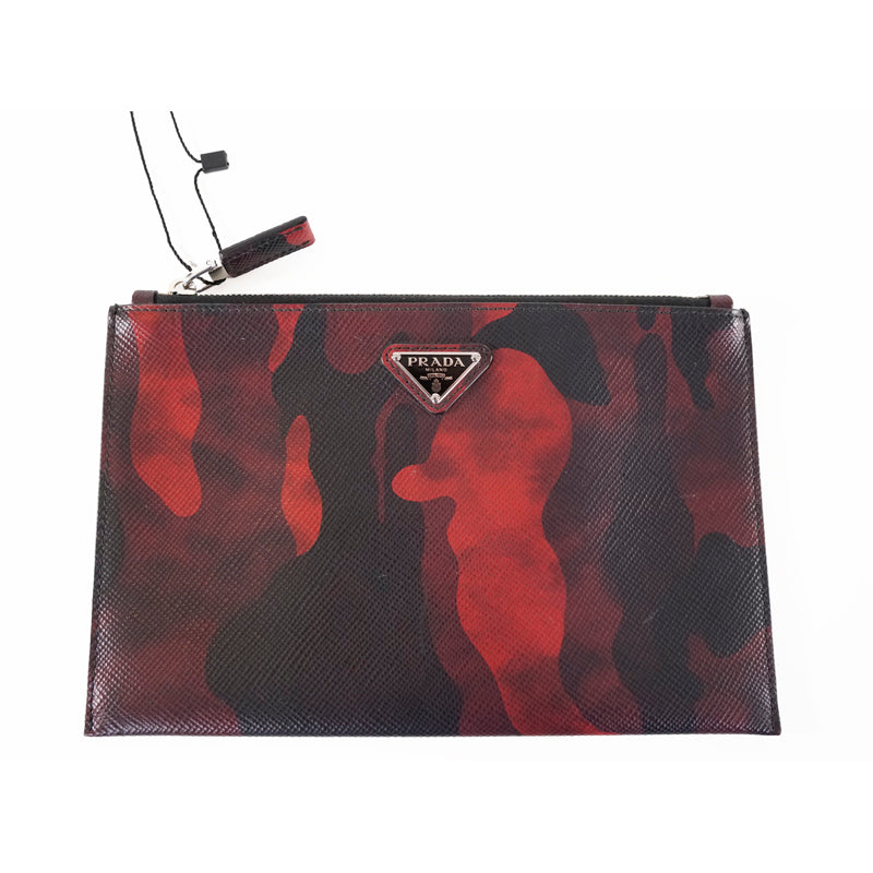 NEW $1080 PRADA MEN'S Red CAMO SAFFIANO LEATHER LOGO Clutch Travel ZIP TOP BAG