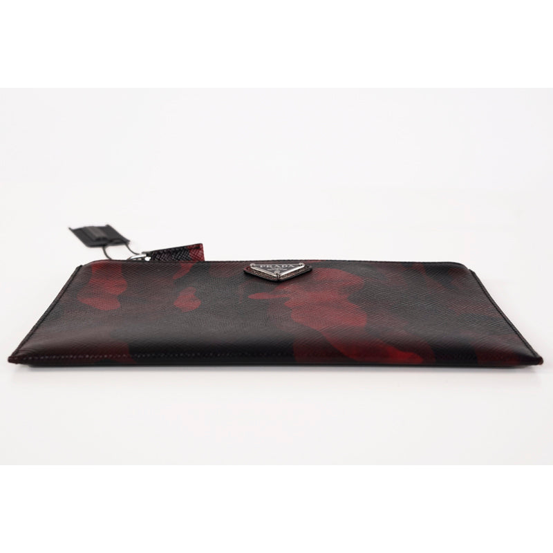 NEW $1080 PRADA MEN'S Red CAMO SAFFIANO LEATHER LOGO Clutch Travel ZIP TOP BAG