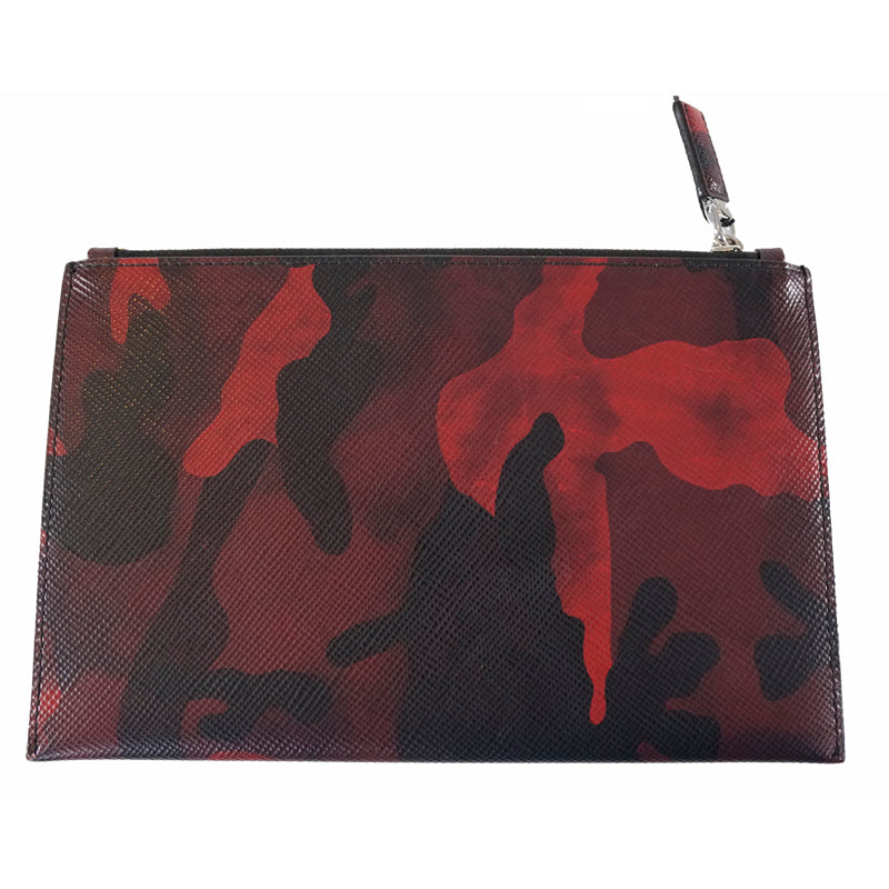 NEW $1080 PRADA MEN'S Red CAMO SAFFIANO LEATHER LOGO Clutch Travel ZIP TOP BAG