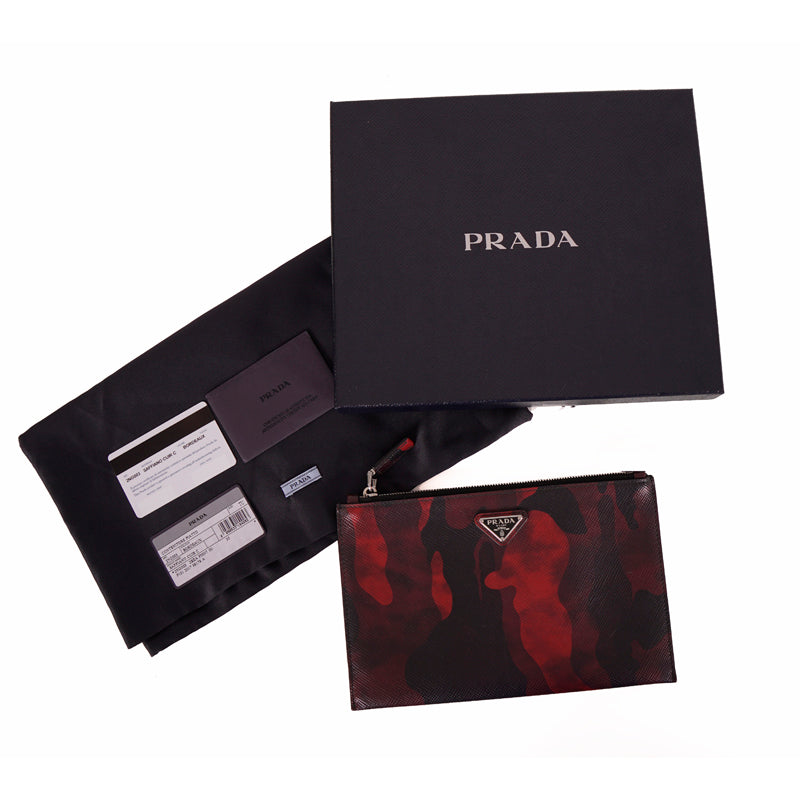 NEW $1080 PRADA MEN'S Red CAMO SAFFIANO LEATHER LOGO Clutch Travel ZIP TOP BAG