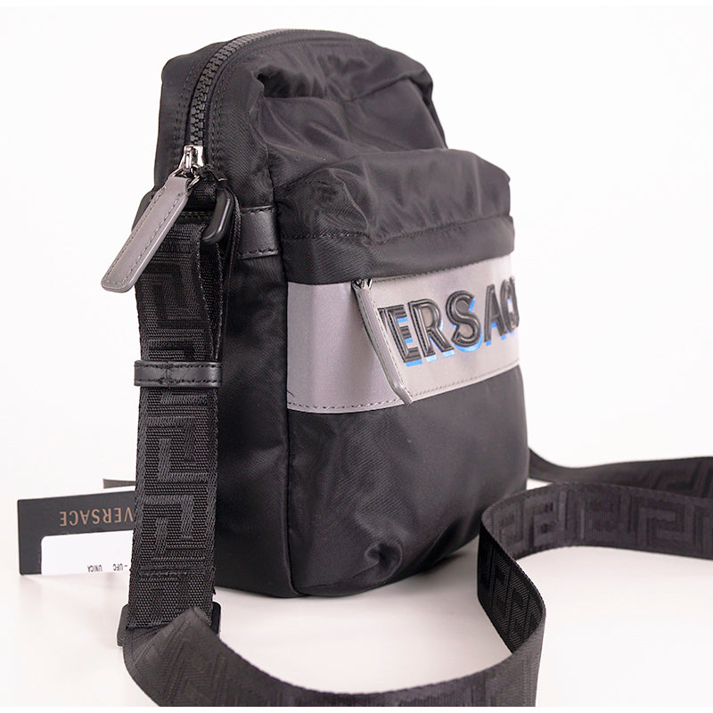 NEW $895 VERSACE Men's Black Nylon GRAY EMBOSSED LOGO Greca Crossbody SPORTY BAG