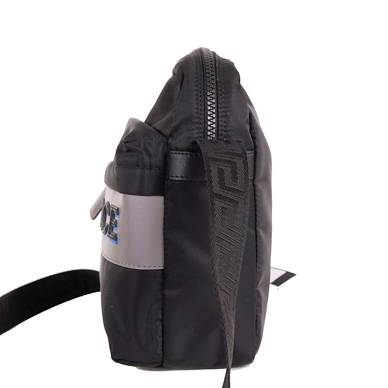 NEW $895 VERSACE Men's Black Nylon GRAY EMBOSSED LOGO Greca Crossbody SPORTY BAG