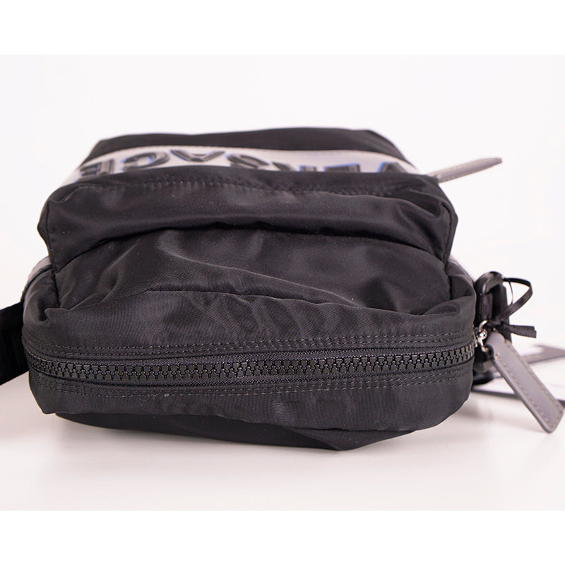 NEW $895 VERSACE Men's Black Nylon GRAY EMBOSSED LOGO Greca Crossbody SPORTY BAG