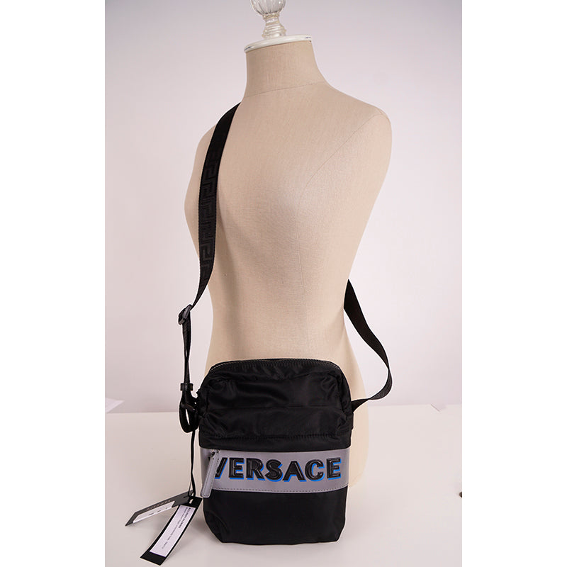 NEW $895 VERSACE Men's Black Nylon GRAY EMBOSSED LOGO Greca Crossbody SPORTY BAG
