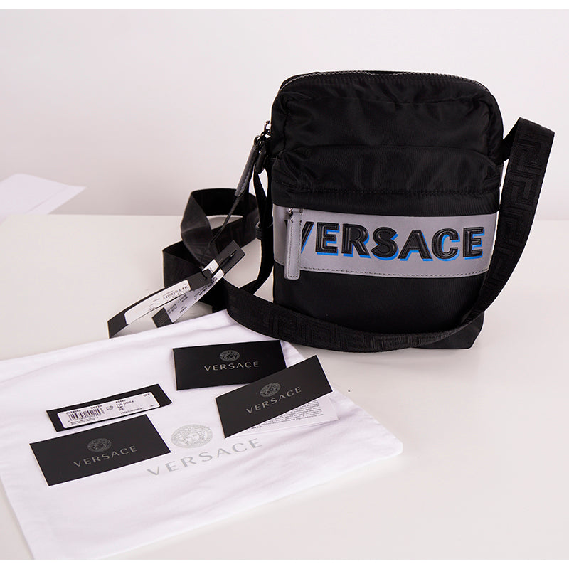 NEW $895 VERSACE Men's Black Nylon GRAY EMBOSSED LOGO Greca Crossbody SPORTY BAG