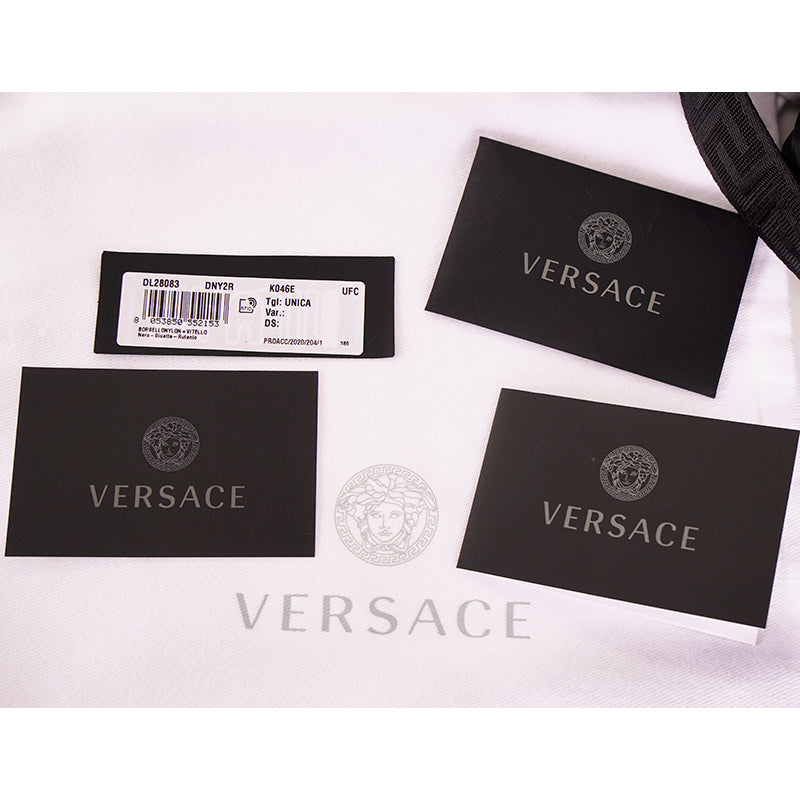 NEW $895 VERSACE Men's Black Nylon GRAY EMBOSSED LOGO Greca Crossbody SPORTY BAG