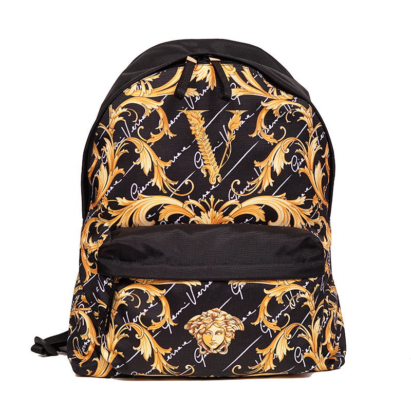 NEW $1,150 VERSACE Black GOLD BAROCCC MEDUSA Signature Print VIRTUS V BACKPACK