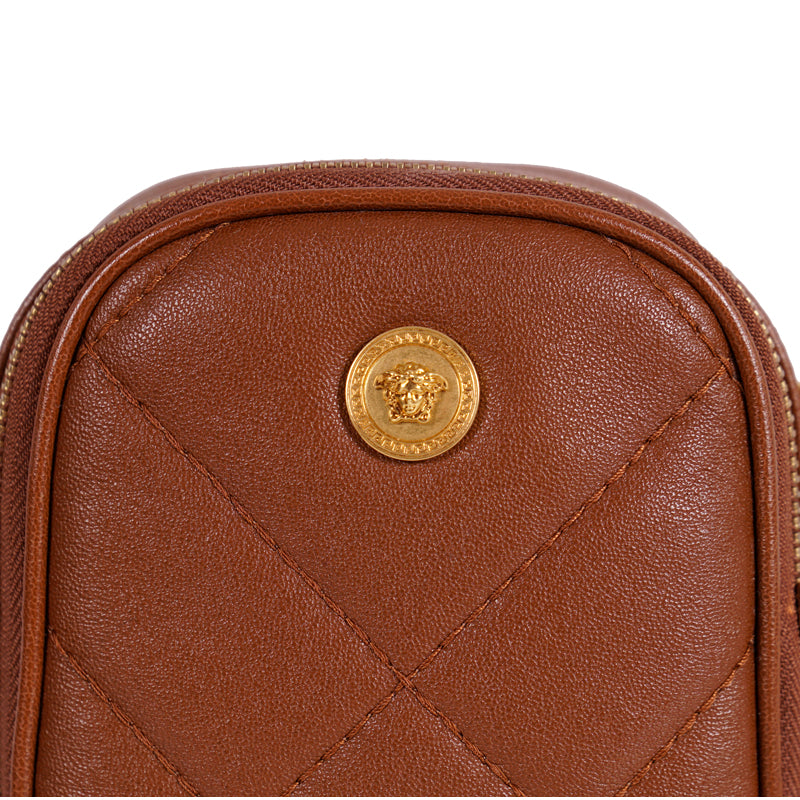 NEW $950 VERSACE RUNWAY Brown GOLD MEDUSA LOGO Quilted Leather Crossbody BAG NWT