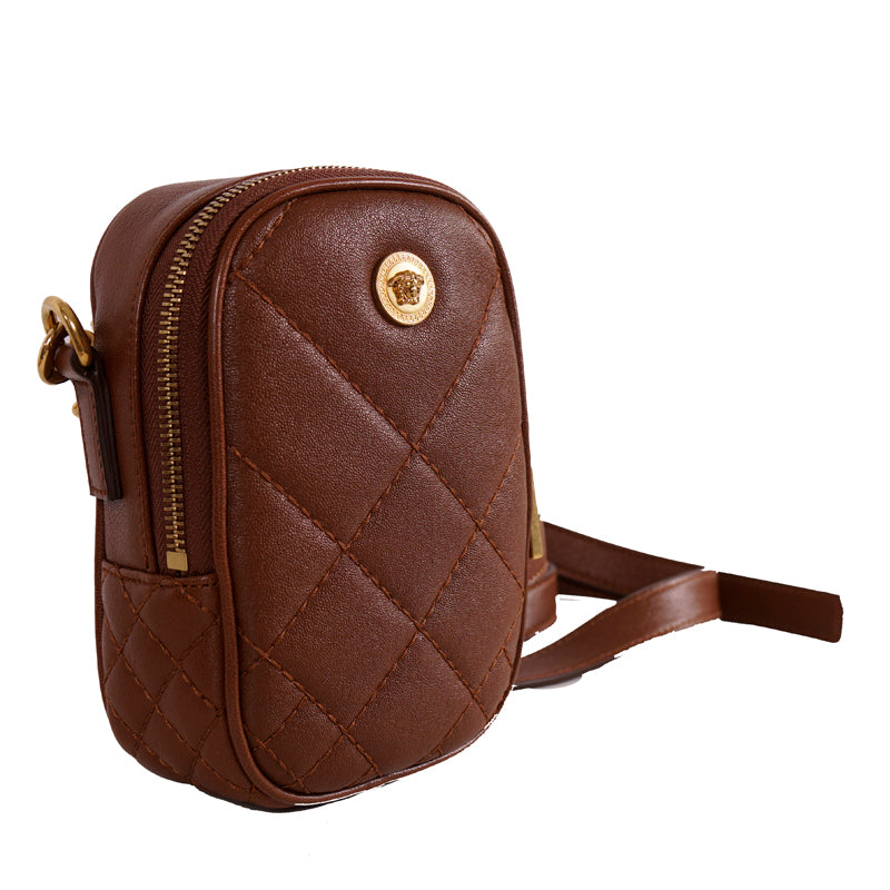 NEW $950 VERSACE RUNWAY Brown GOLD MEDUSA LOGO Quilted Leather Crossbody BAG NWT