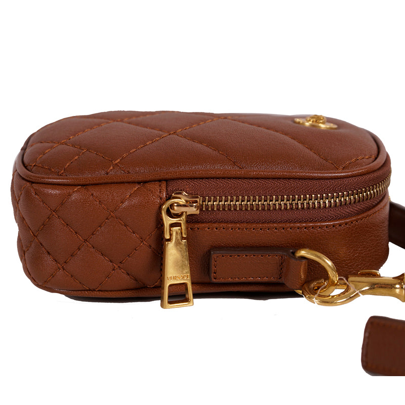 NEW $950 VERSACE RUNWAY Brown GOLD MEDUSA LOGO Quilted Leather Crossbody BAG NWT