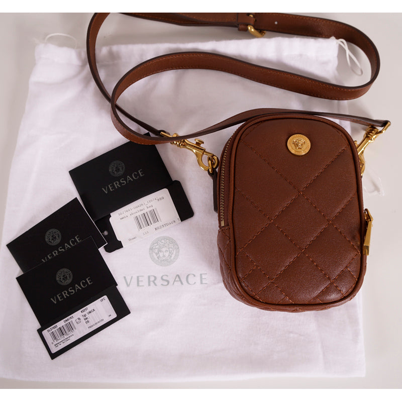 NEW $950 VERSACE RUNWAY Brown GOLD MEDUSA LOGO Quilted Leather Crossbody BAG NWT