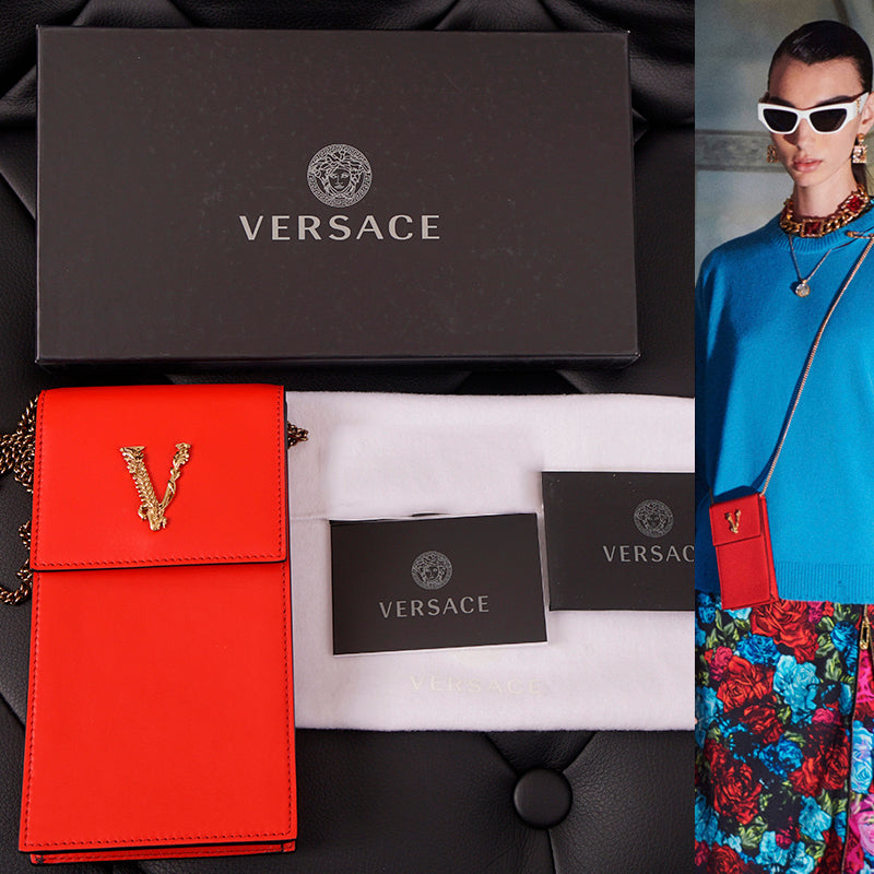NEW $825 VERSACE RUNWAY Red Leather Barocco V VIRTUS LOGO Crossbody Phone BAG
