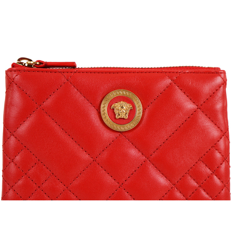 NEW $625 VERSACE Red Leather Quilted GOLD MEDUSA Zip Top Wallet/Travel POUCH NIB