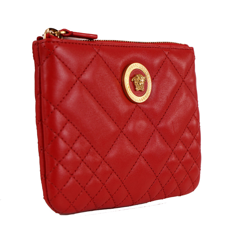 NEW $625 VERSACE Red Leather Quilted GOLD MEDUSA Zip Top Wallet/Travel POUCH NIB