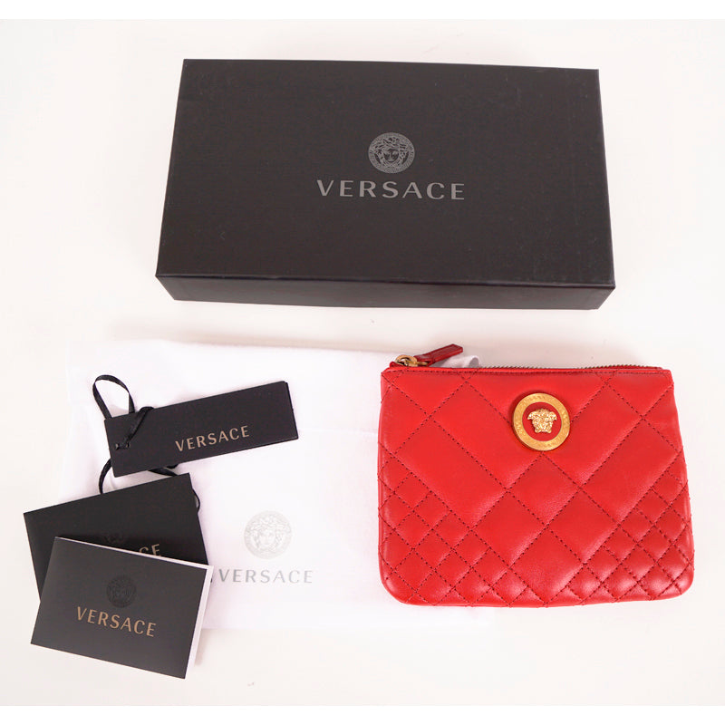 NEW $625 VERSACE Red Leather Quilted GOLD MEDUSA Zip Top Wallet/Travel POUCH NIB