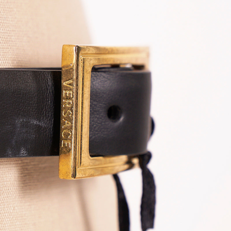 105/42 NEW $725 VERSACE Gold Tone MEDUSA CHAIN-EMBELLISHED Black Leather Waist BELT