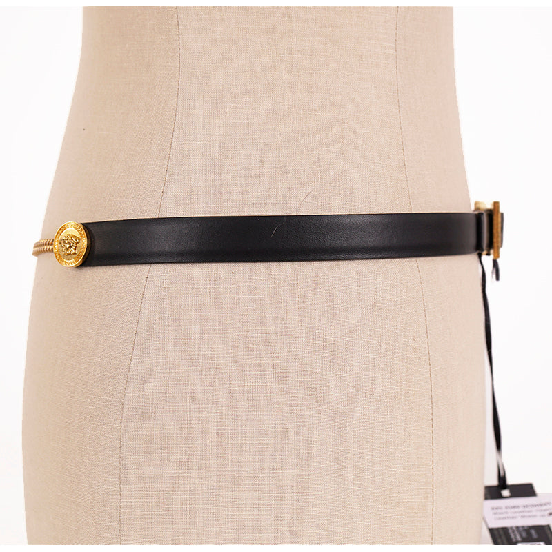 105/42 NEW $725 VERSACE Gold Tone MEDUSA CHAIN-EMBELLISHED Black Leather Waist BELT
