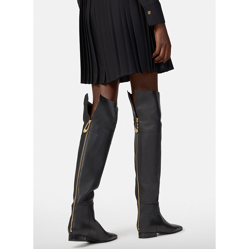 37 NEW $1550 VERSACE Black Leather LOGO SAFETY PIN ZIP BACK Over Knee FLAT BOOTS