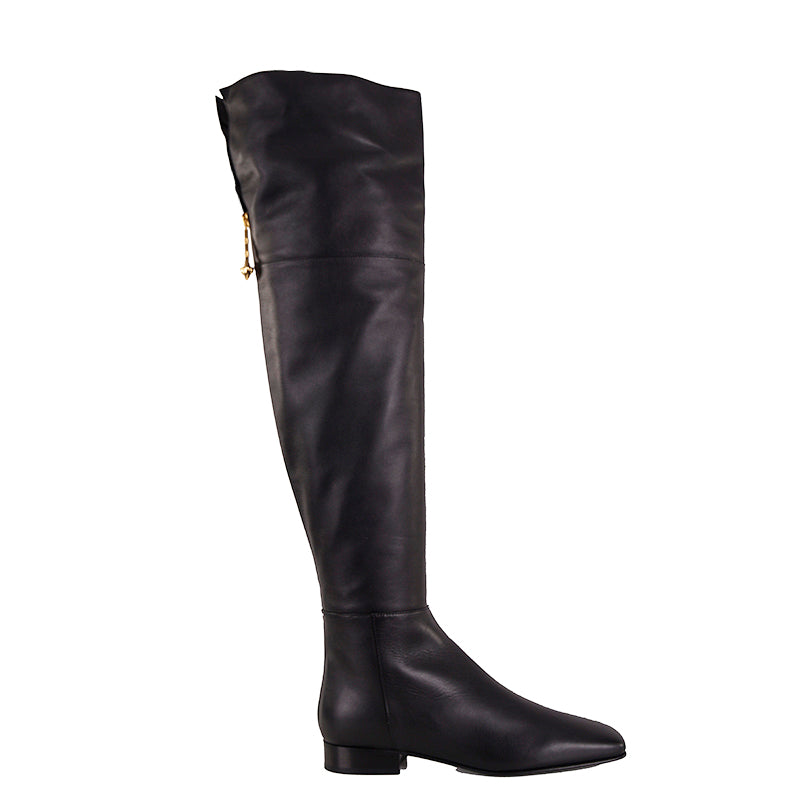 37 NEW $1550 VERSACE Black Leather LOGO SAFETY PIN ZIP BACK Over Knee FLAT BOOTS