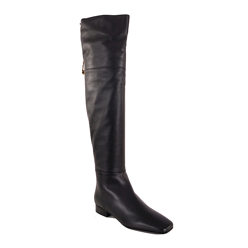 37 NEW $1550 VERSACE Black Leather LOGO SAFETY PIN ZIP BACK Over Knee FLAT BOOTS