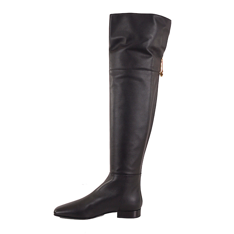 37 NEW $1550 VERSACE Black Leather LOGO SAFETY PIN ZIP BACK Over Knee FLAT BOOTS