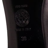 37 NEW $1550 VERSACE Black Leather LOGO SAFETY PIN ZIP BACK Over Knee FLAT BOOTS