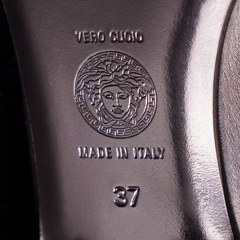 37 NEW $1550 VERSACE Black Leather LOGO SAFETY PIN ZIP BACK Over Knee FLAT BOOTS